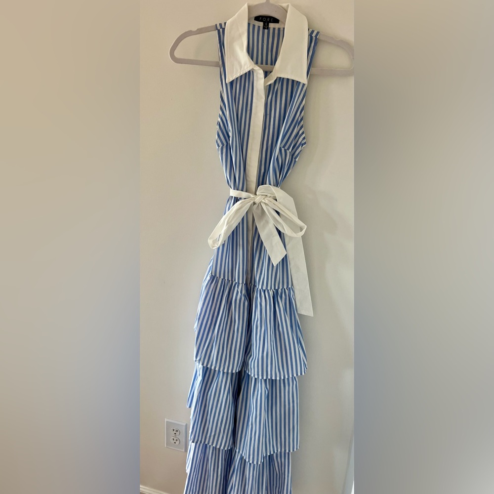 Sleeveless Blue & White Striped Tie-Waist Tiered Maxi Dress - Picture 3 of 3